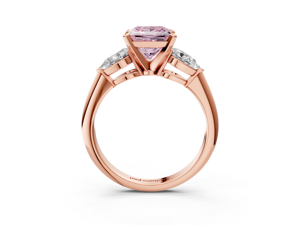 Rose gold Three-Stone Fancy Pink Princess Cut Diamond Ring with Pear Side Stones and Four-Prong Setting
