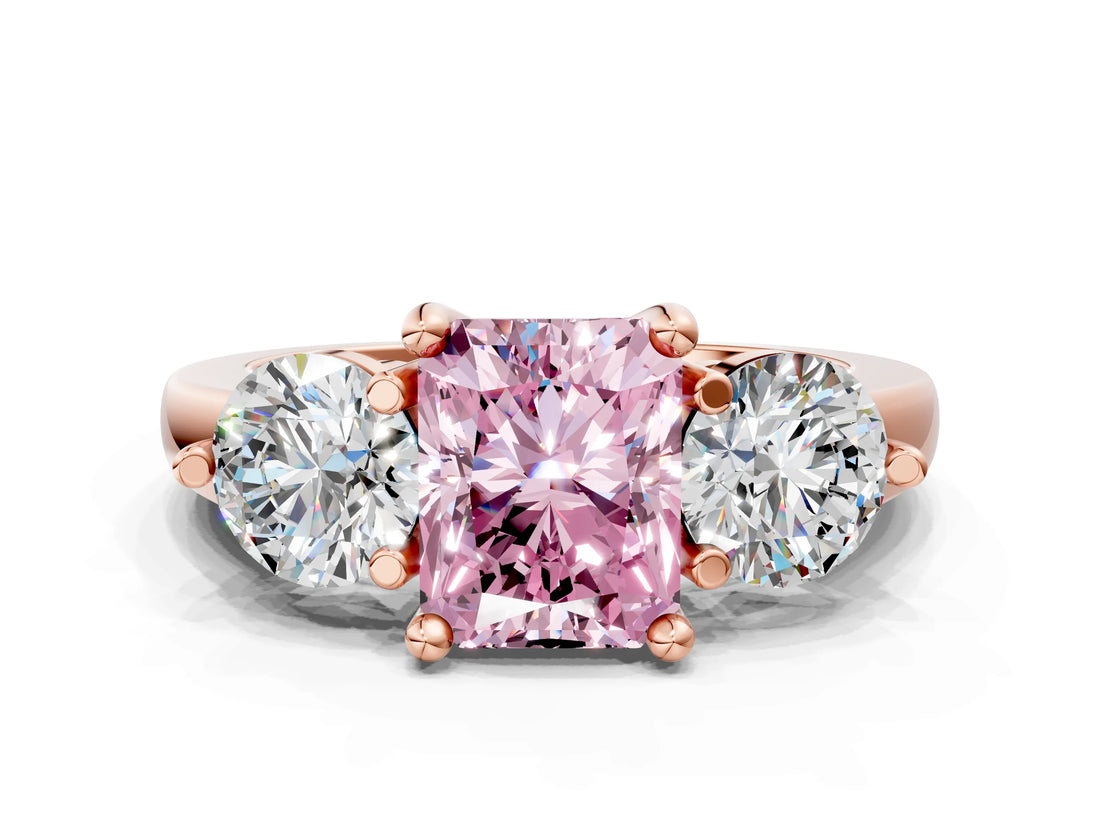 Rose gold Three-Stone Fancy Pink Radiant  Brilliant Cut Solitaire Ring with Prong Setting on a Classic Band