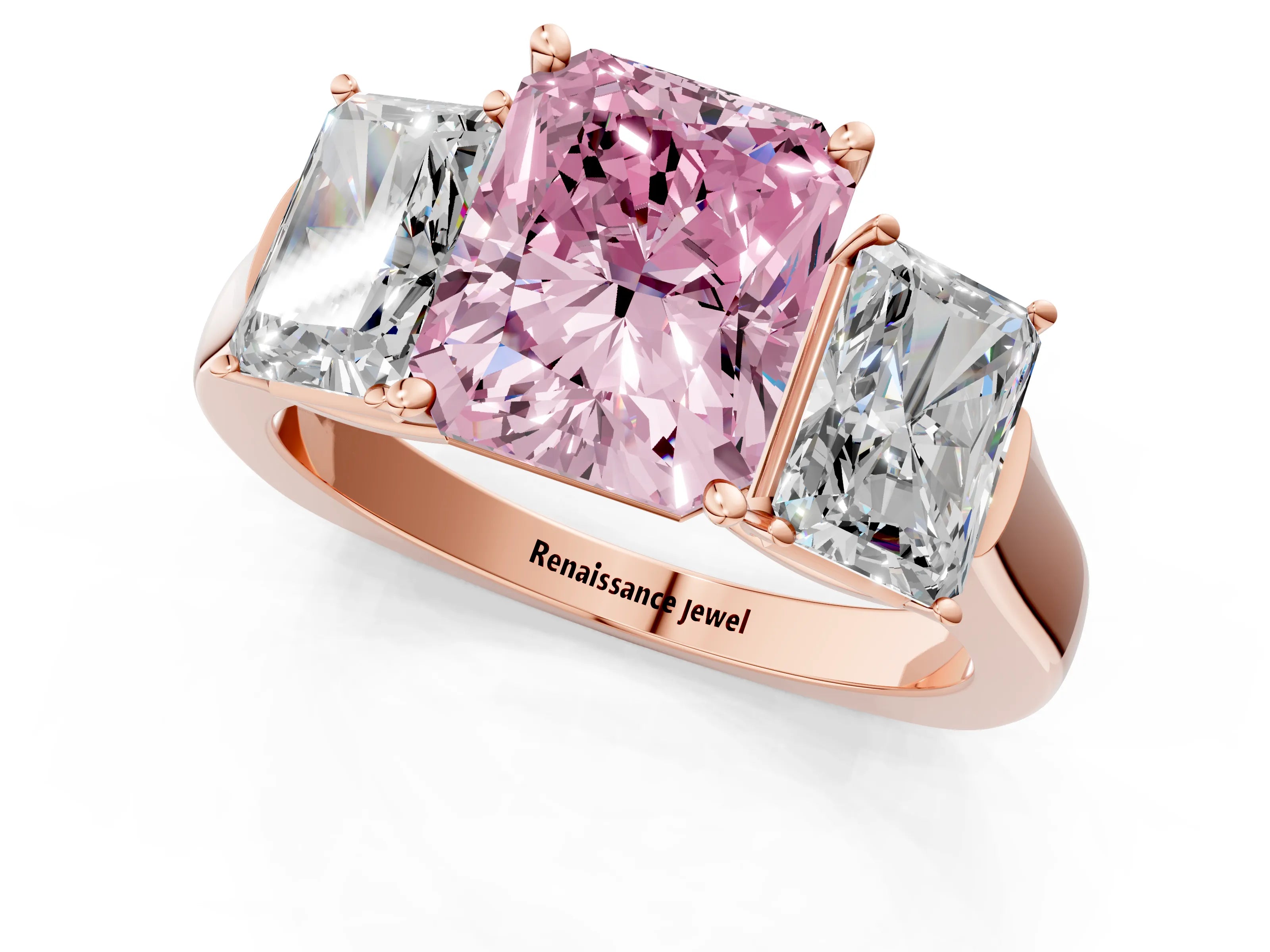 Rose gold Three-Stone Fancy Pink Radiant Cut Brilliant Diamond Trellis Ring with Comfort Fit Band_1