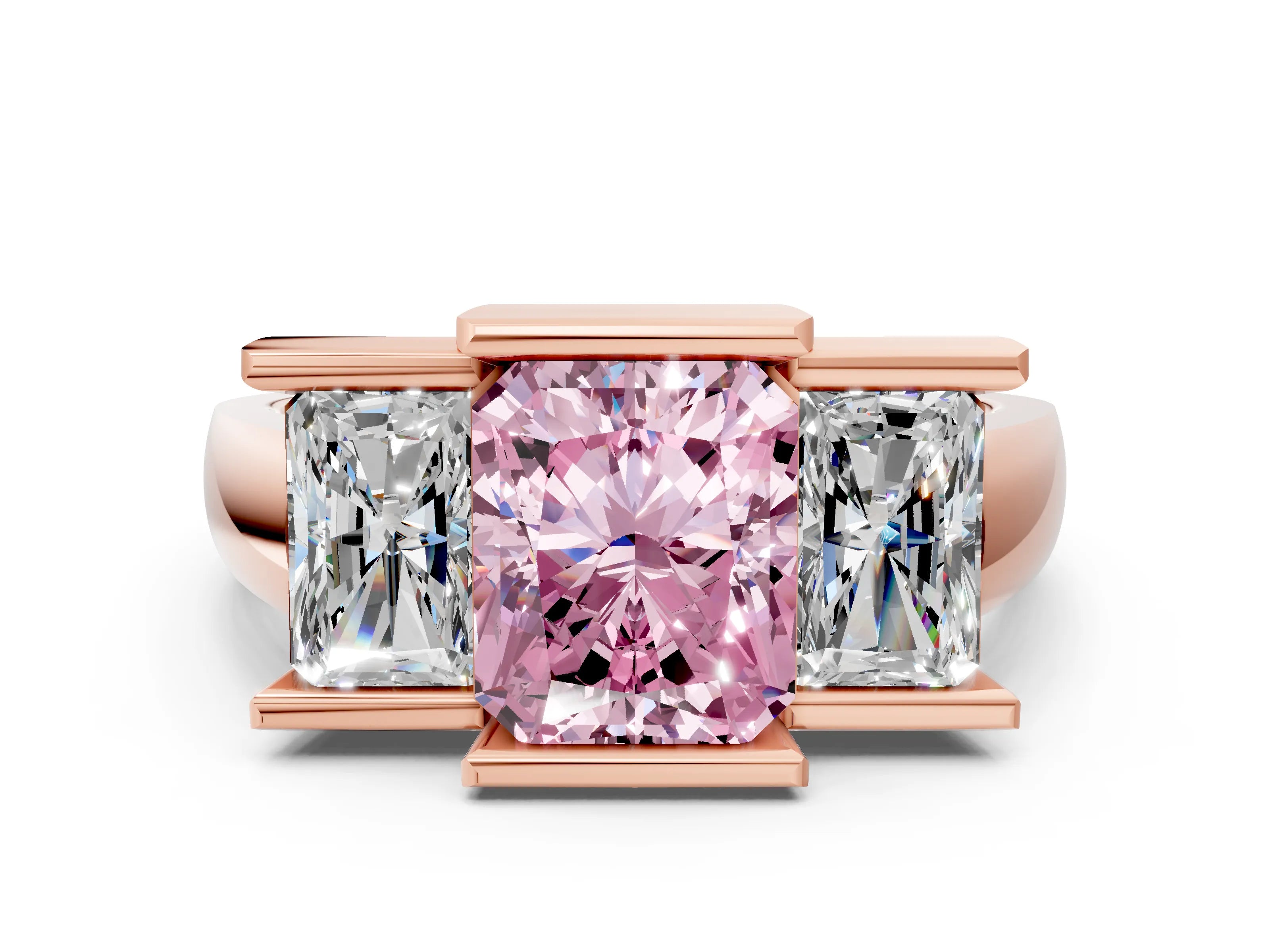 Rose gold Three Stone Fancy Pink Radiant Cut Cut Channel Set Diamond Ring