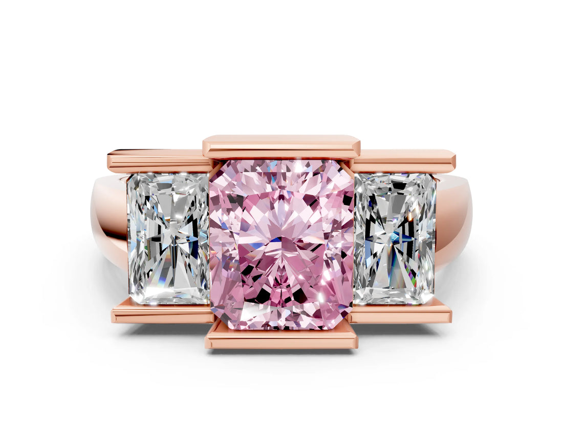 Rose gold Three Stone Fancy Pink Radiant Cut Cut Channel Set Diamond Ring