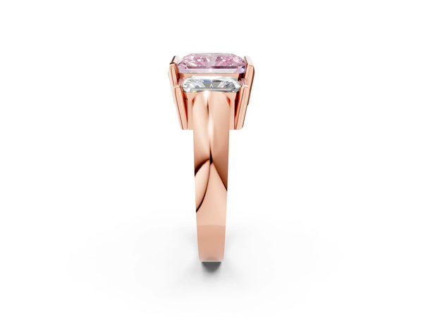 Rose Gold Radiant Cut Channel Set Three Stone Engagement Ring Setting for Fancy Pink Center