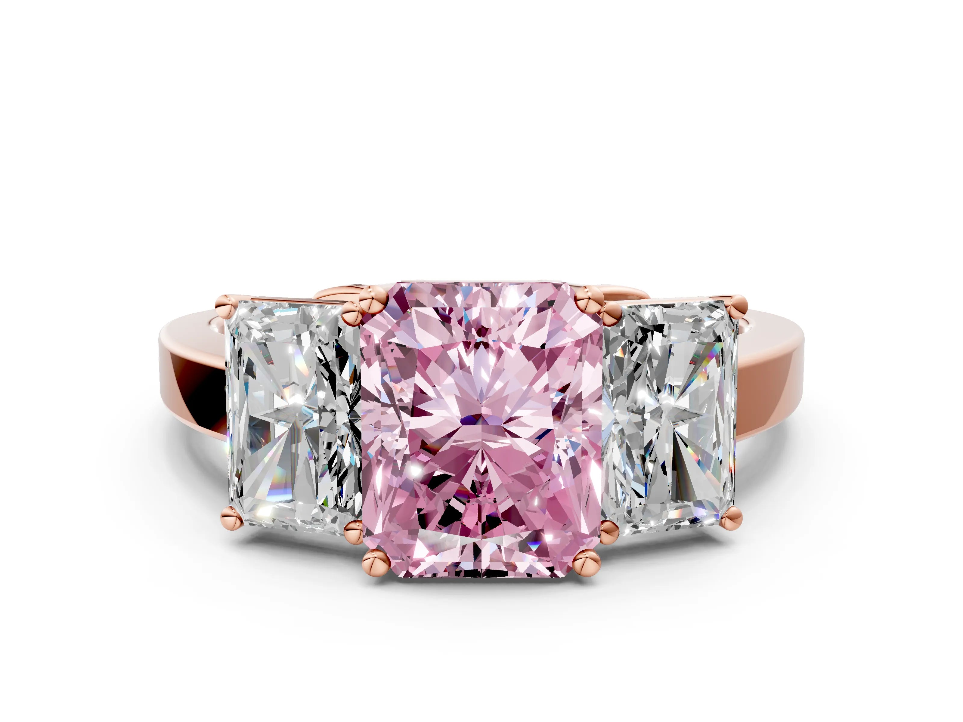 Rose gold Three-Stone Fancy Pink Radiant Cut Cut Diamond Engagement Ring with Flat Band and Four-Prong Setting