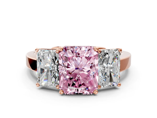 Rose gold Three-Stone Fancy Pink Radiant Cut Cut Diamond Engagement Ring with Flat Band and Four-Prong Setting
