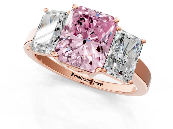 Rose gold Three-Stone Fancy Pink Radiant Cut Cut Diamond Engagement Ring with Flat Band and Four-Prong Setting