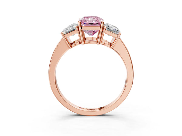 Rose gold Three-Stone Fancy Pink Radiant Cut Cut Diamond Engagement Ring with Flat Band and Four-Prong Setting