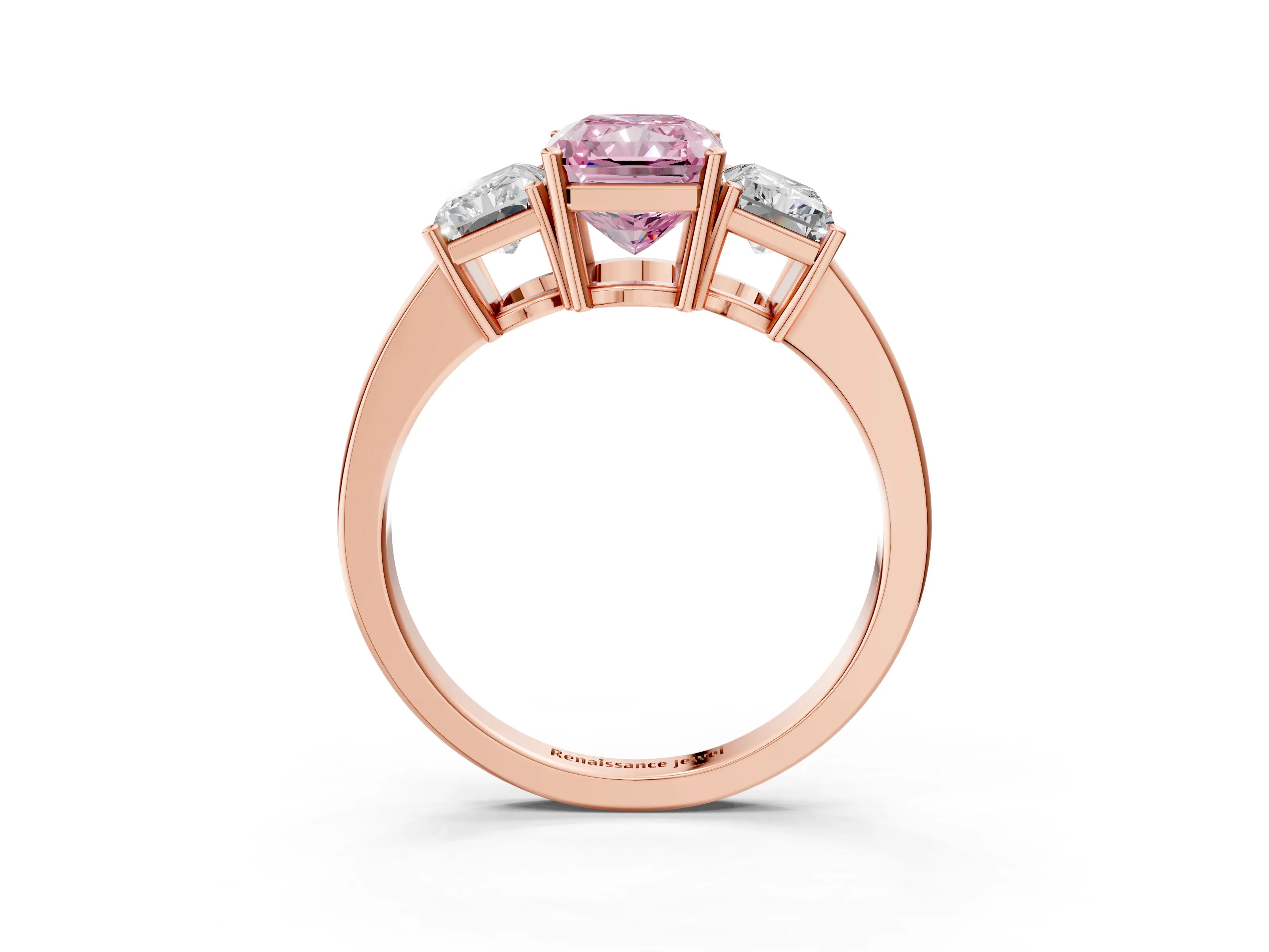 Rose gold Three-Stone Fancy Pink Radiant Cut Cut Diamond Engagement Ring with Flat Band and Four-Prong Setting_3