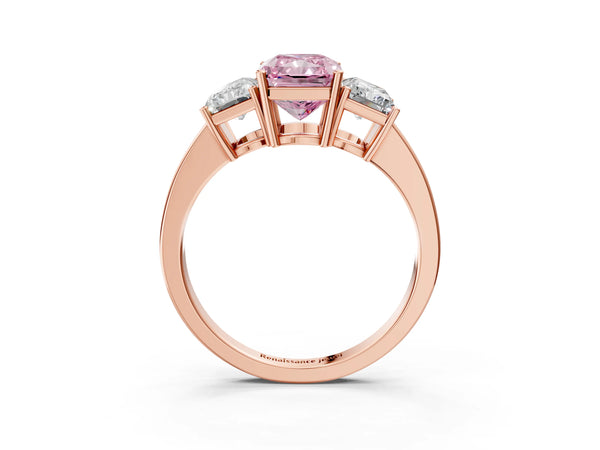 Rose gold Three-Stone Fancy Pink Radiant Cut Cut Diamond Engagement Ring with Flat Band and Four-Prong Setting