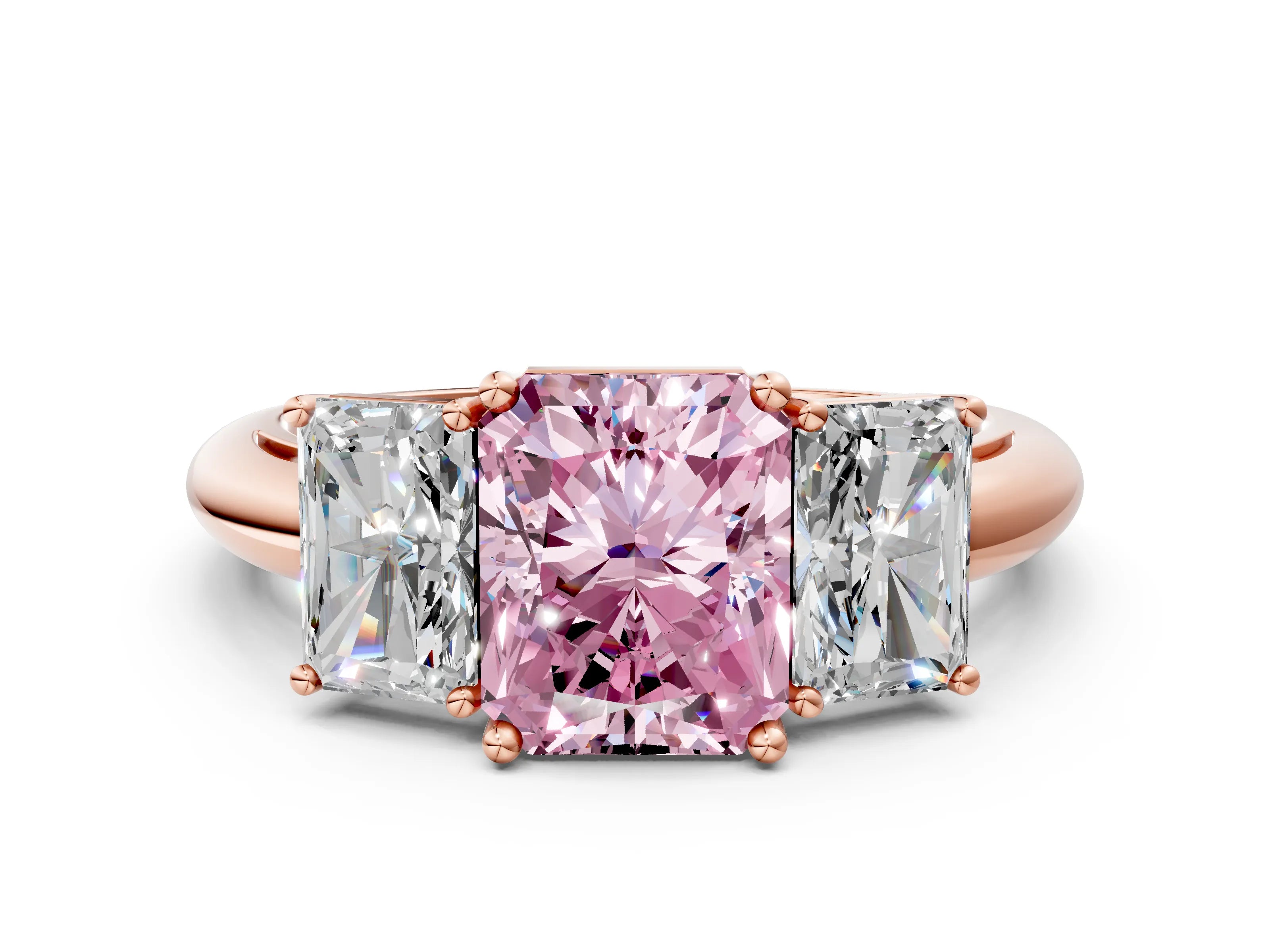 Rose gold Three-Stone Fancy Pink Radiant Cut Cut Diamond Engagement Ring with Prong Setting on a White Gold Band