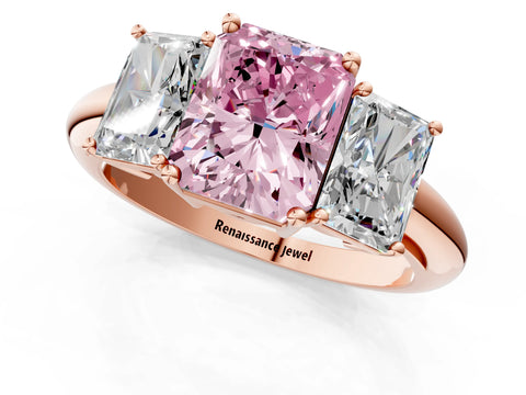 Rose gold Three-Stone Fancy Pink Radiant Cut Cut Diamond Engagement Ring with Prong Setting on a White Gold Band_1