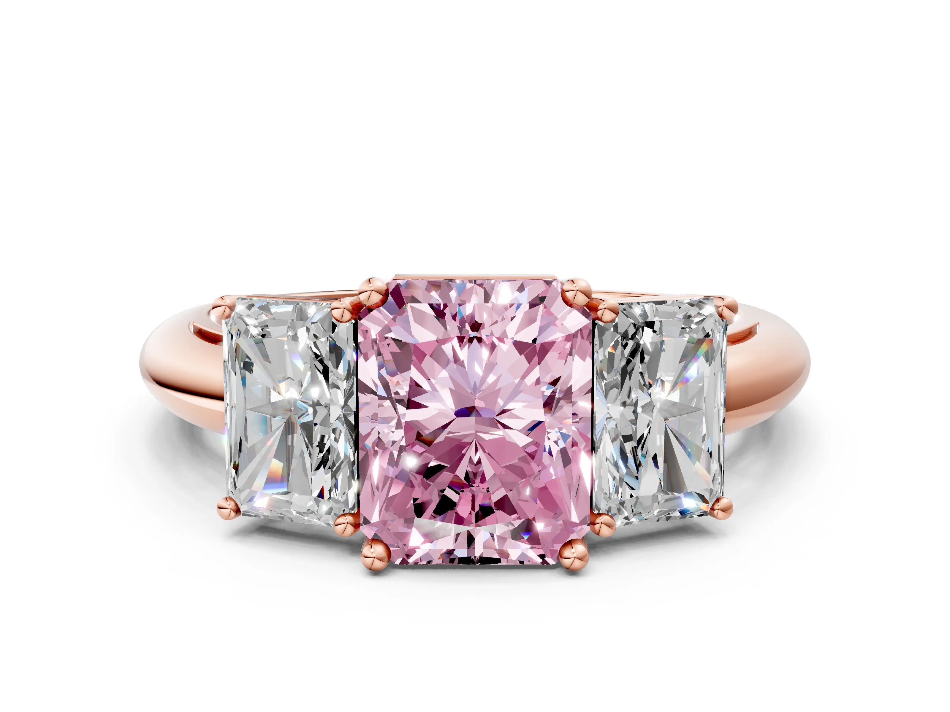 Rose gold Three-Stone Fancy Pink Radiant Cut Cut Diamond Engagement Ring with Prong Setting on a White Gold Band_24