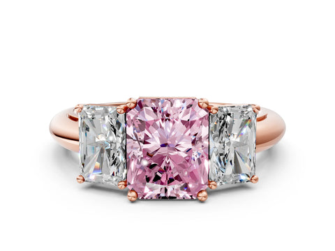 Rose gold Three-Stone Fancy Pink Radiant Cut Cut Diamond Engagement Ring with Prong Setting on a White Gold Band