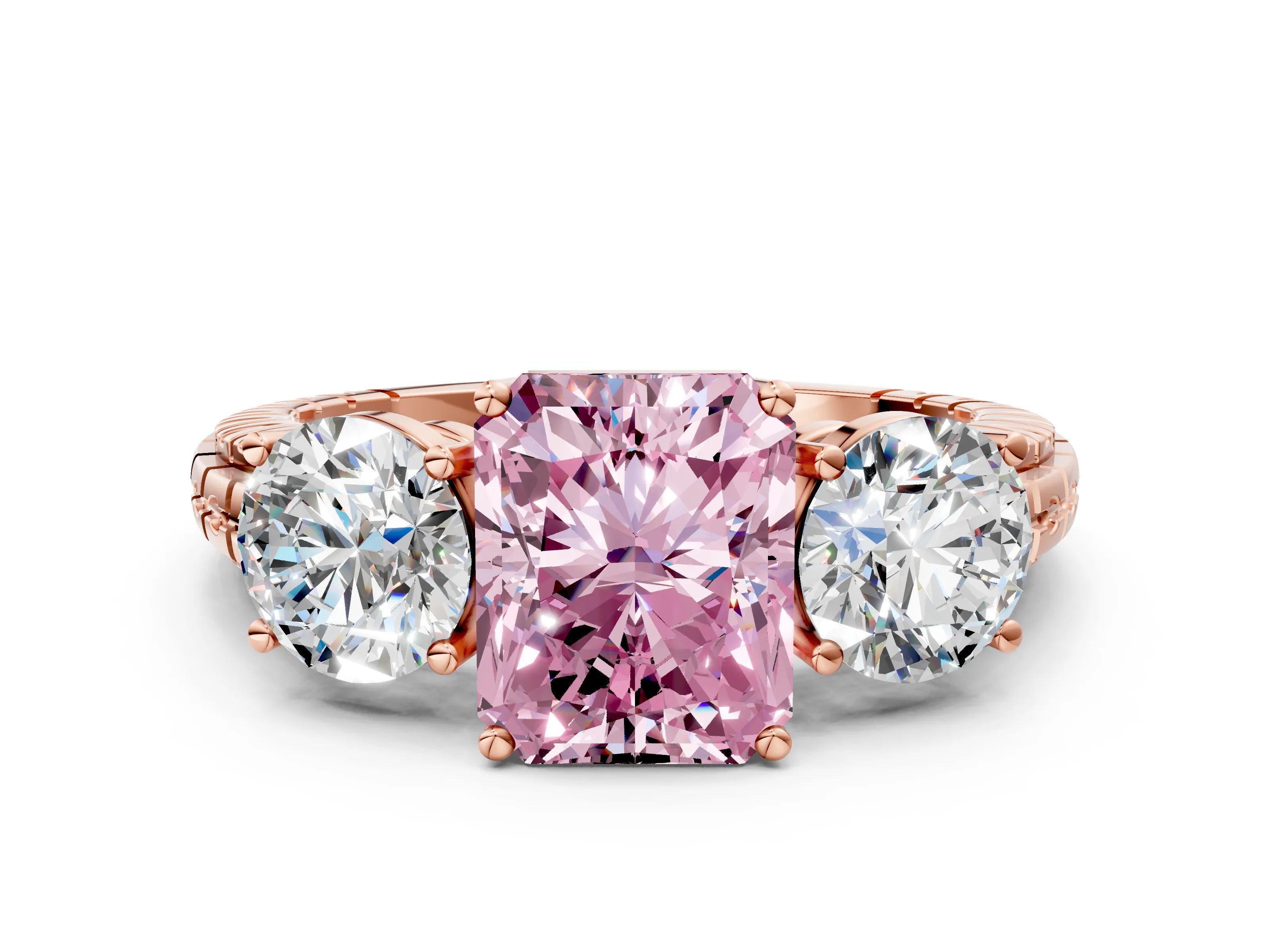 Rose gold Three-Stone Fancy Pink Radiant Cut Cut Diamond Ring with Channel-Set Band and Prong Setting
