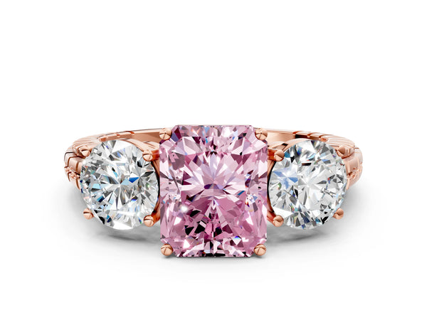 Rose gold Three-Stone Fancy Pink Radiant Cut Cut Diamond Ring with Channel-Set Band and Prong Setting