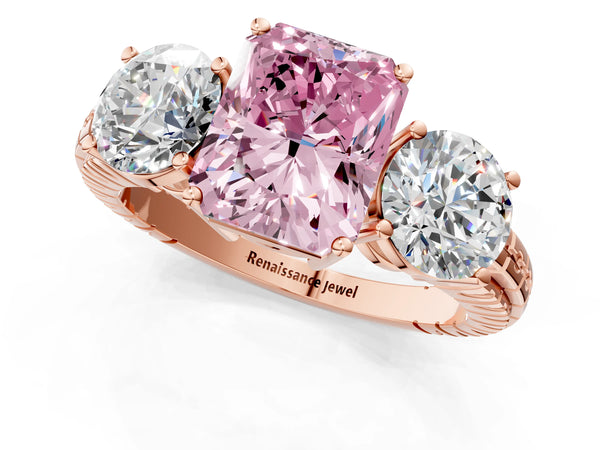 Rose gold Three-Stone Fancy Pink Radiant Cut Cut Diamond Ring with Channel-Set Band and Prong Setting