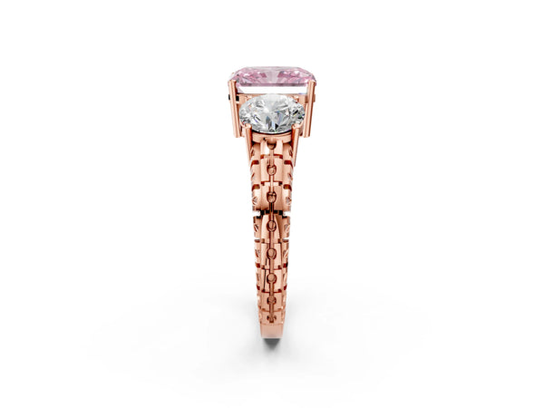 Rose gold Three-Stone Fancy Pink Radiant Cut Cut Diamond Ring with Channel-Set Band and Prong Setting