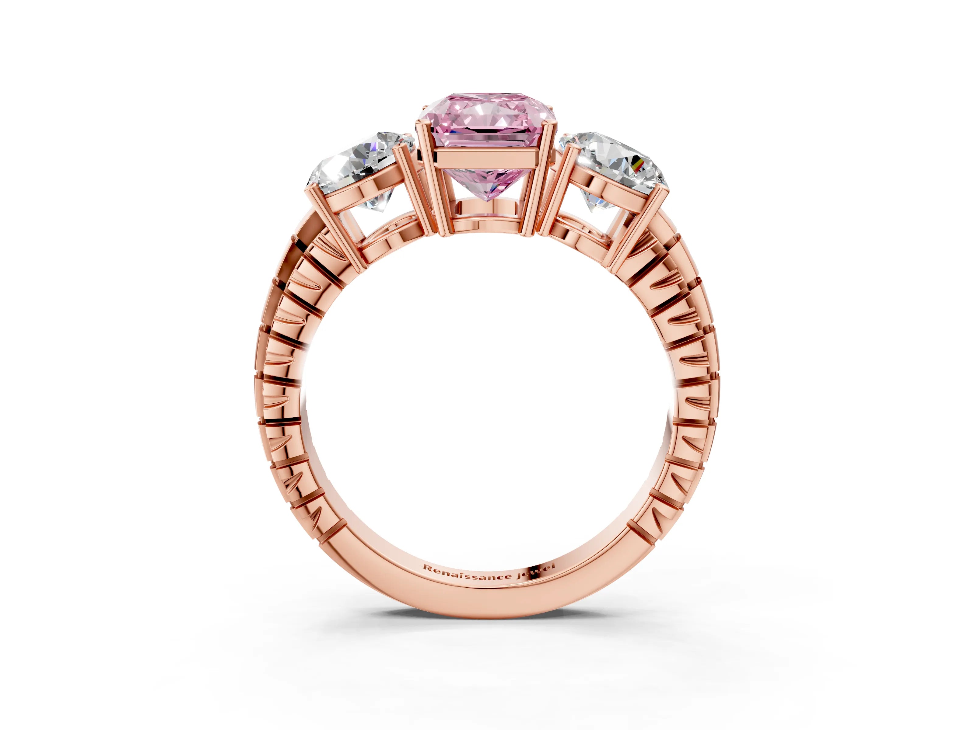 Rose gold Three-Stone Fancy Pink Radiant Cut Cut Diamond Ring with Channel-Set Band and Prong Setting_3
