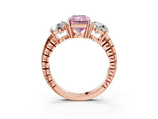 Rose gold Three-Stone Fancy Pink Radiant Cut Cut Diamond Ring with Channel-Set Band and Prong Setting