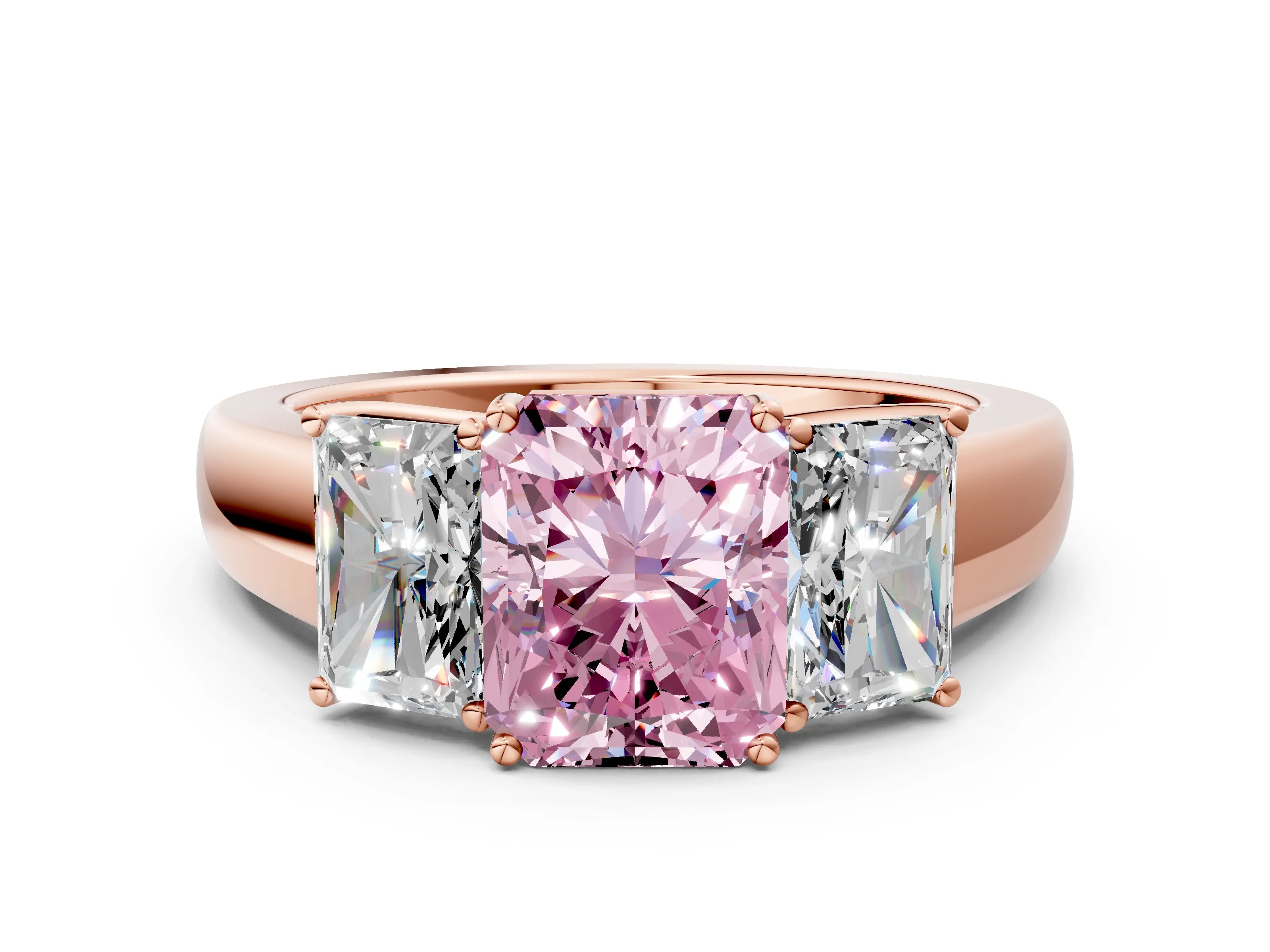 Rose gold Three-Stone Fancy Pink Radiant Cut Cut Diamond Ring with Prong Setting and Classic Band