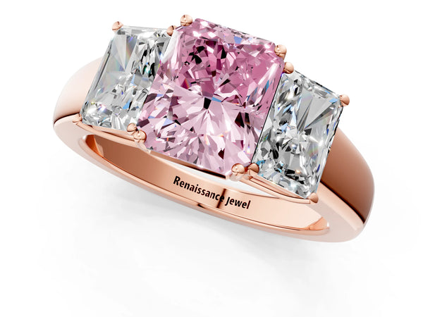 Rose gold Three-Stone Fancy Pink Radiant Cut Cut Diamond Ring with Prong Setting and Classic Band