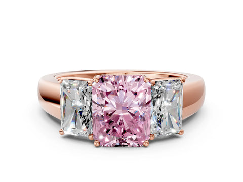 Rose gold Three-Stone Fancy Pink Radiant Cut Cut Diamond Ring with Prong Setting and Classic Band