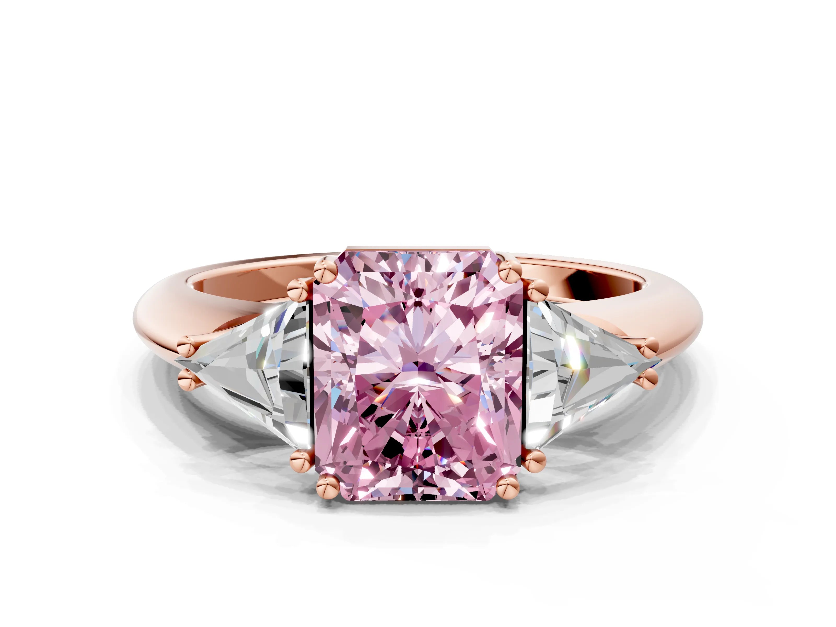Rose gold Three-Stone Fancy Pink Radiant Cut Cut Diamond Ring with Trillion Side Stones and Four-Prong Setting_3