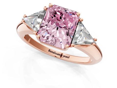 Rose gold Three-Stone Fancy Pink Radiant Cut Cut Diamond Ring with Trillion Side Stones and Four-Prong Setting_4