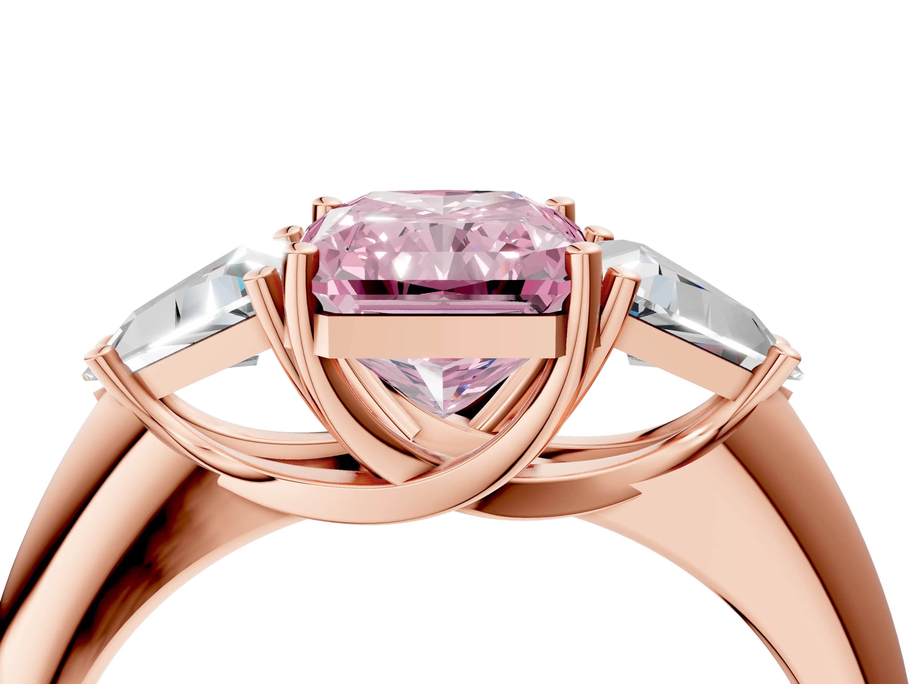 Rose gold Three-Stone Fancy Pink Radiant Cut Cut Diamond Ring with Trillion Side Stones and Four-Prong Setting_7