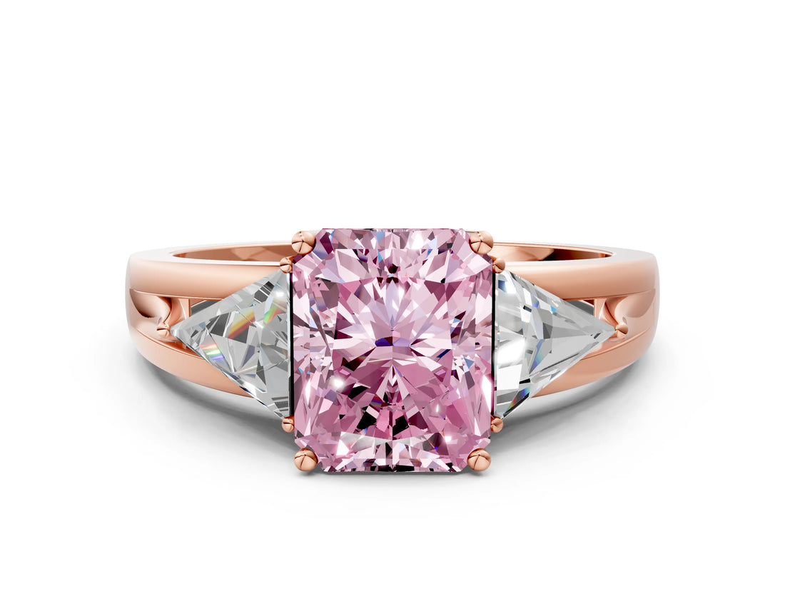 Rose gold Three-Stone Fancy Pink Radiant Cut Cut Diamond Ring with Trillion Side Stones on a Split Shank Band