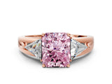 Rose gold Three-Stone Fancy Pink Radiant Cut Cut Diamond Ring with Trillion Side Stones on a Split Shank Band
