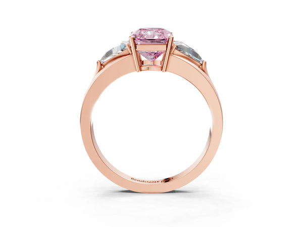 Rose Gold Radiant Cut Split Shank Three Stone Engagement Ring Setting for Fancy Pink Center