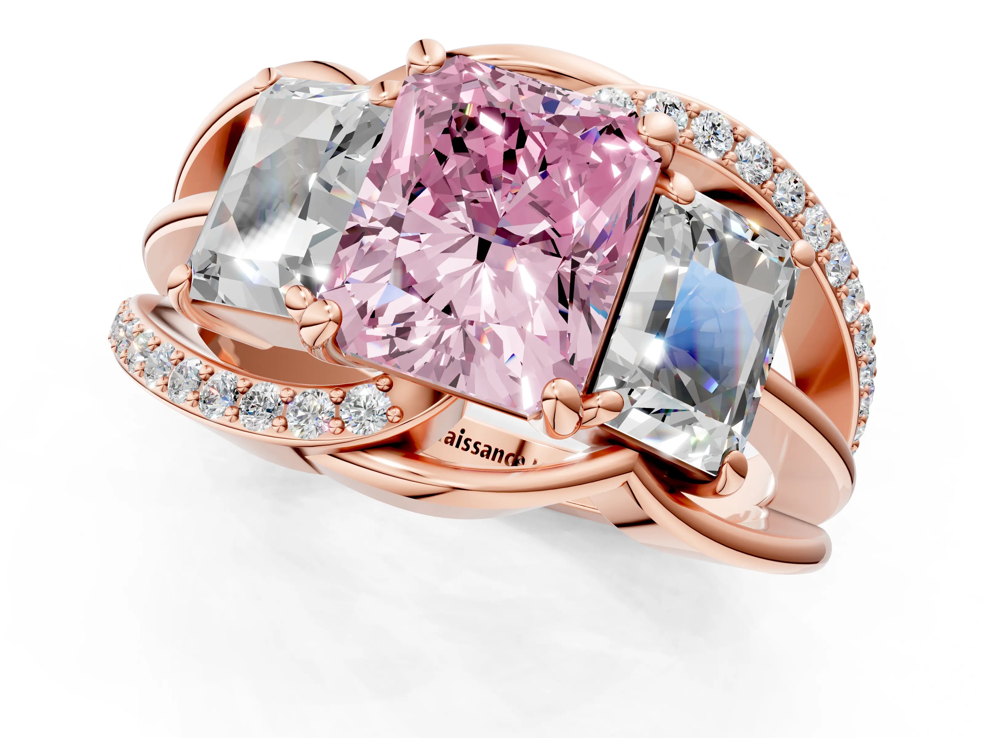 Rose gold Three-Stone Fancy Pink Radiant Cut Cut Diamond Split Shank Prong Set Ring_13