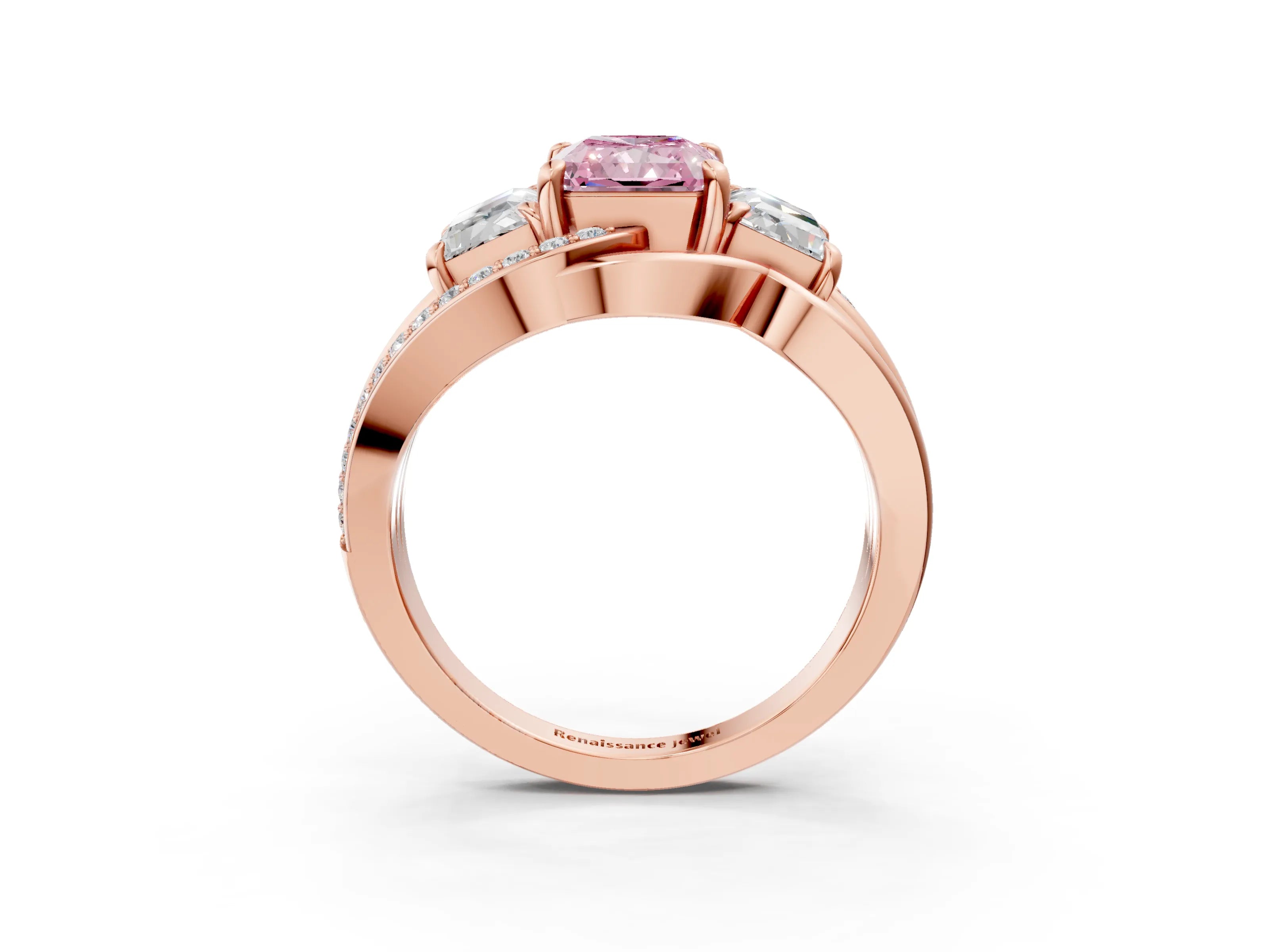 Rose gold Three-Stone Fancy Pink Radiant Cut Cut Diamond Split Shank Prong Set Ring_15