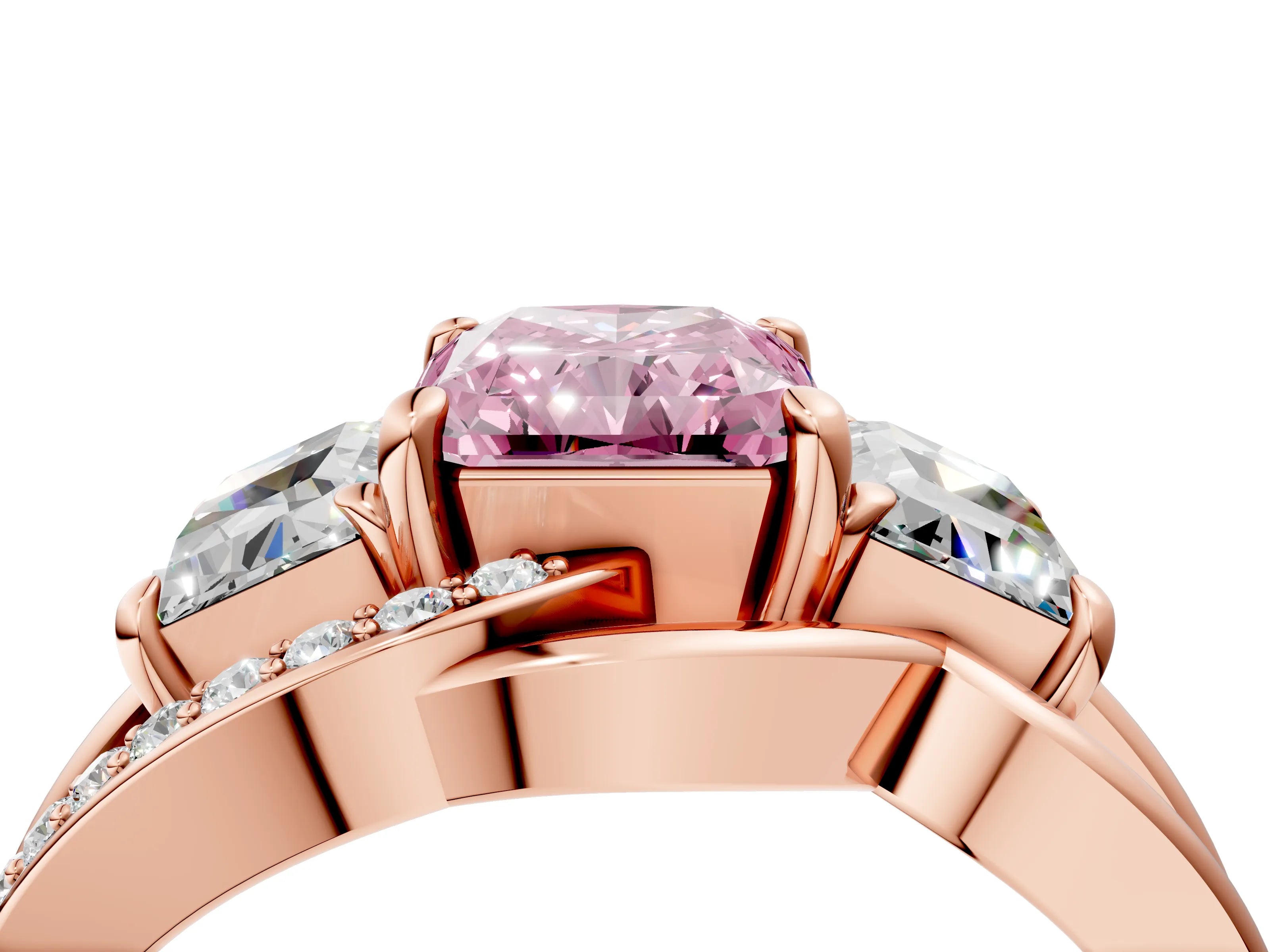 Rose gold Three-Stone Fancy Pink Radiant Cut Cut Diamond Split Shank Prong Set Ring_4
