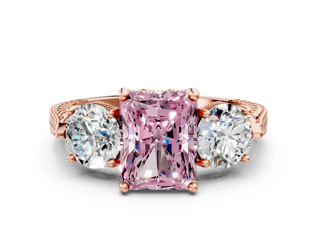 Rose gold Three-Stone Fancy Pink Radiant Cut Cut Milgrain Band Prong Setting Ring