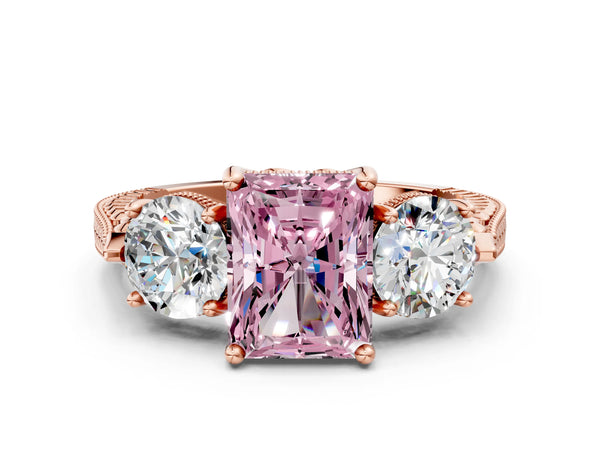Rose Gold Radiant Cut Vintage Three Stone Engagement Ring Setting for Fancy Pink Center
