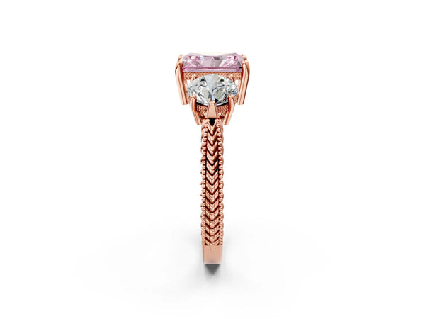Rose Gold Radiant Cut Vintage Three Stone Engagement Ring Setting for Fancy Pink Center