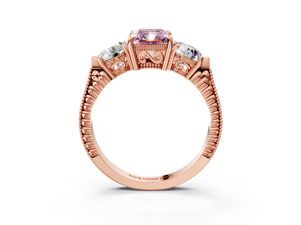 Rose Gold Radiant Cut Vintage Three Stone Engagement Ring Setting for Fancy Pink Center