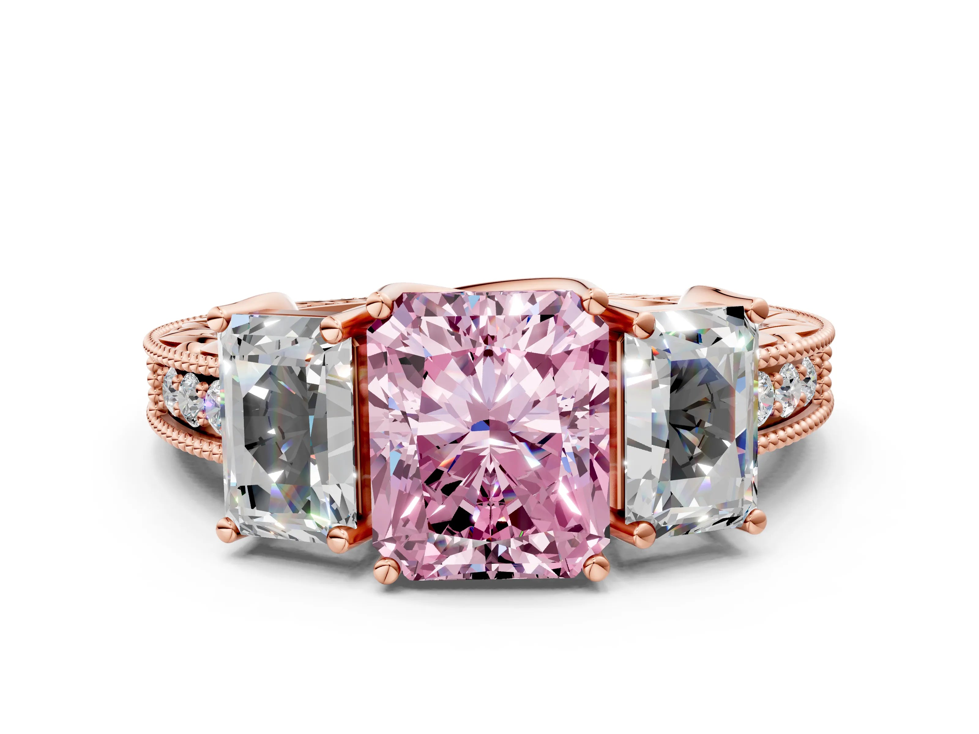 Rose gold Three-Stone Fancy Pink Radiant Cut Cut Milgrain Pavé Engagement Ring