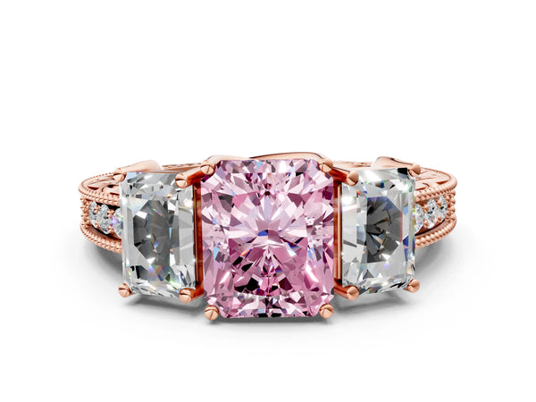 Rose gold Three-Stone Fancy Pink Radiant Cut Cut Milgrain Pavé Engagement Ring