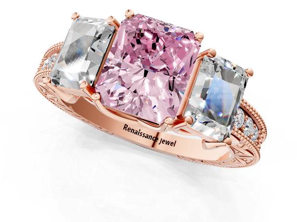 Rose gold Three-Stone Fancy Pink Radiant Cut Cut Milgrain Pavé Engagement Ring