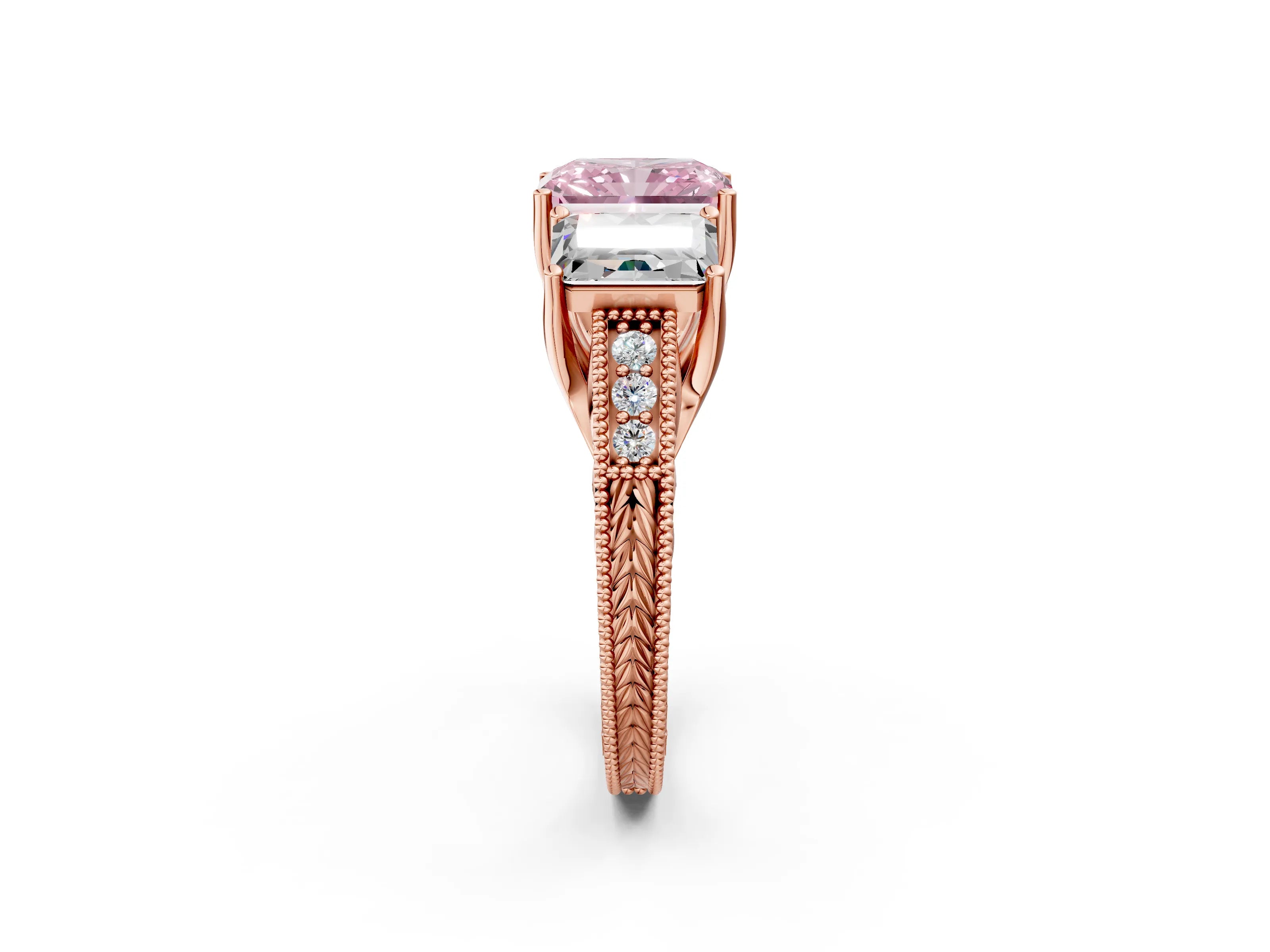 Rose gold Three-Stone Fancy Pink Radiant Cut Cut Milgrain Pavé Engagement Ring_14