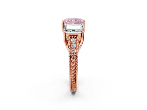 Rose gold Three-Stone Fancy Pink Radiant Cut Cut Milgrain Pavé Engagement Ring_14