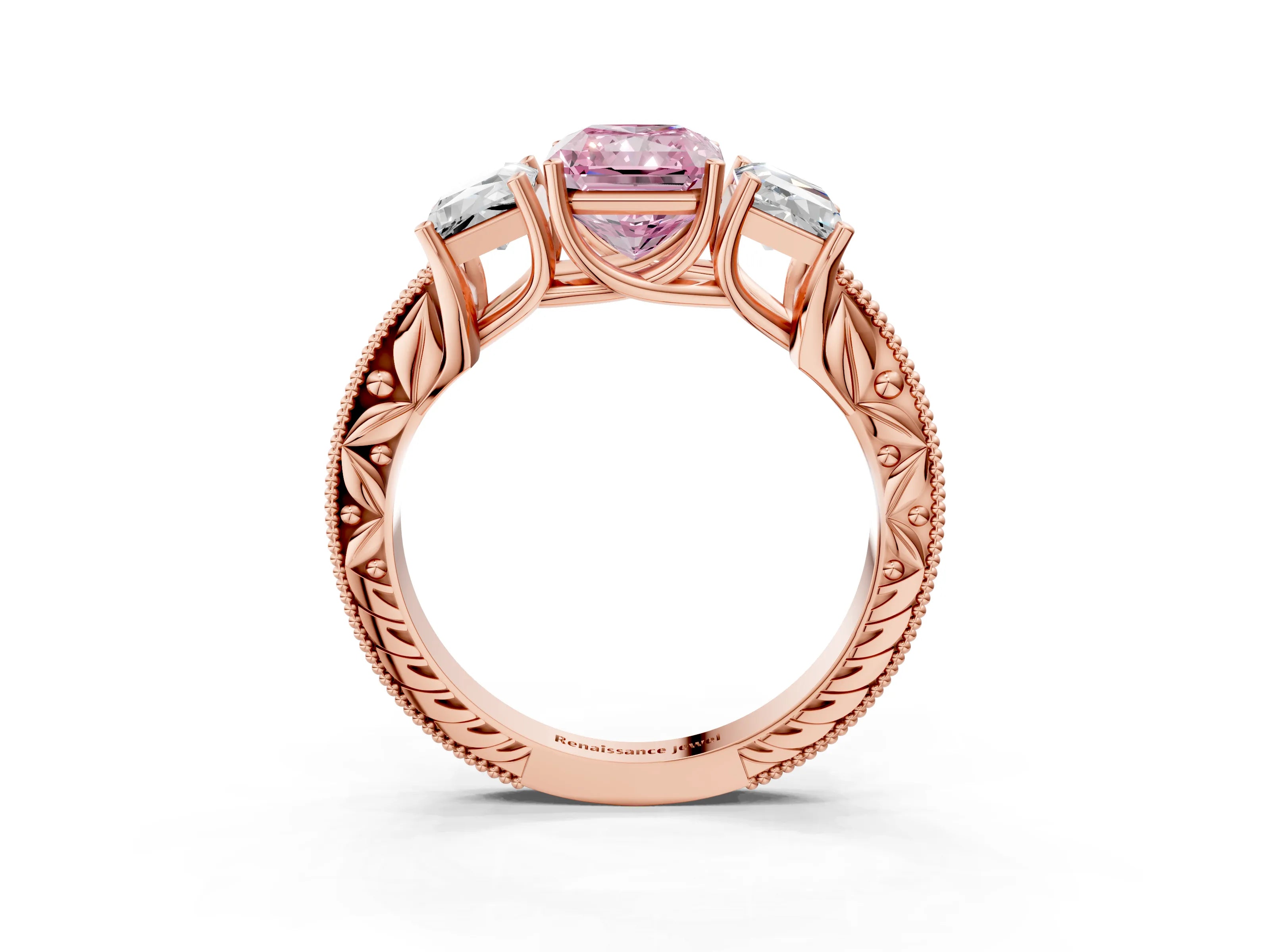Rose gold Three-Stone Fancy Pink Radiant Cut Cut Milgrain Pavé Engagement Ring_15