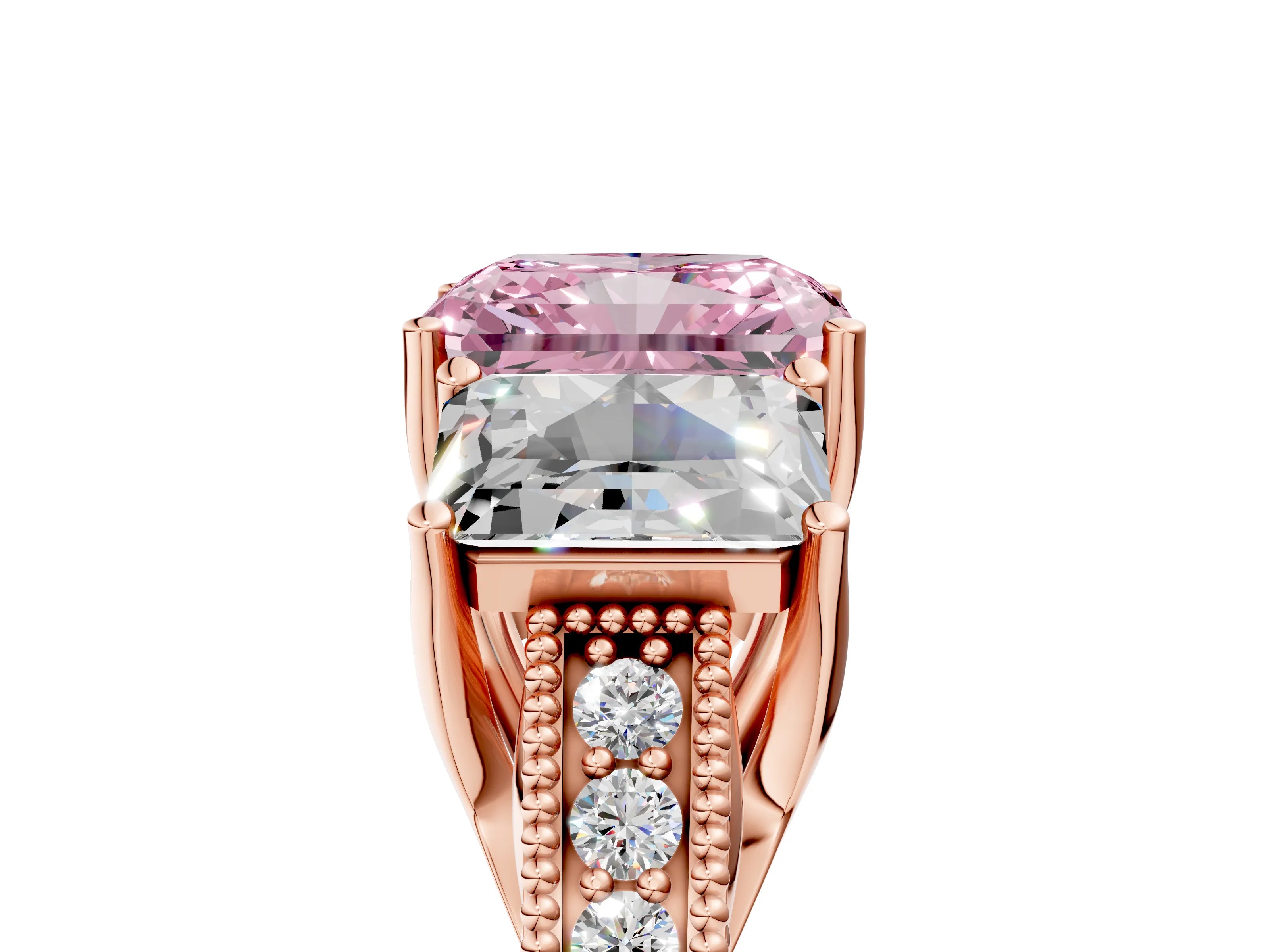 Rose gold Three-Stone Fancy Pink Radiant Cut Cut Milgrain Pavé Engagement Ring_17