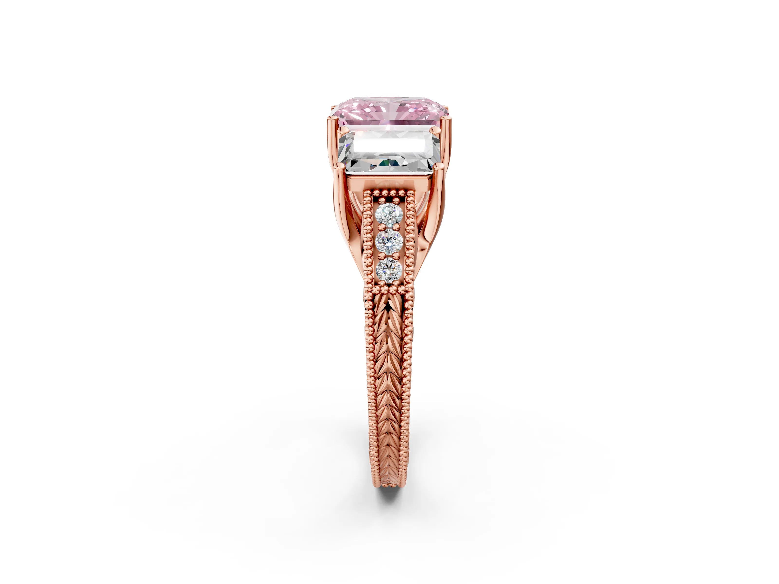 Rose gold Three-Stone Fancy Pink Radiant Cut Cut Milgrain Pavé Engagement Ring_2