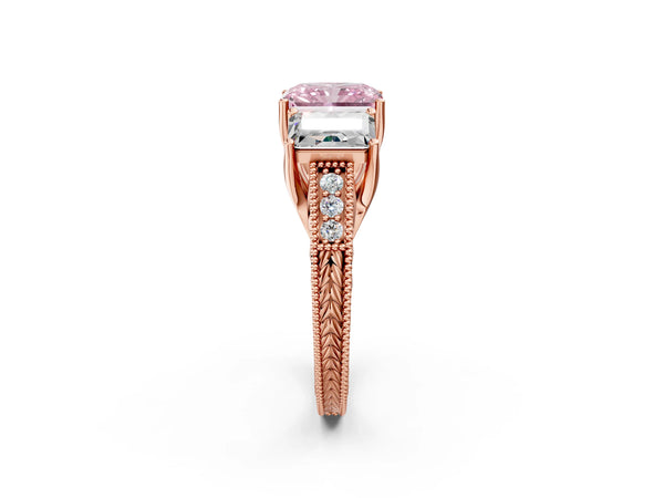 Rose gold Three-Stone Fancy Pink Radiant Cut Cut Milgrain Pavé Engagement Ring