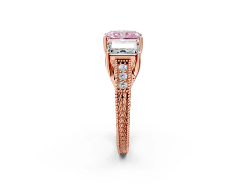 Rose gold Three-Stone Fancy Pink Radiant Cut Cut Milgrain Pavé Engagement Ring_2
