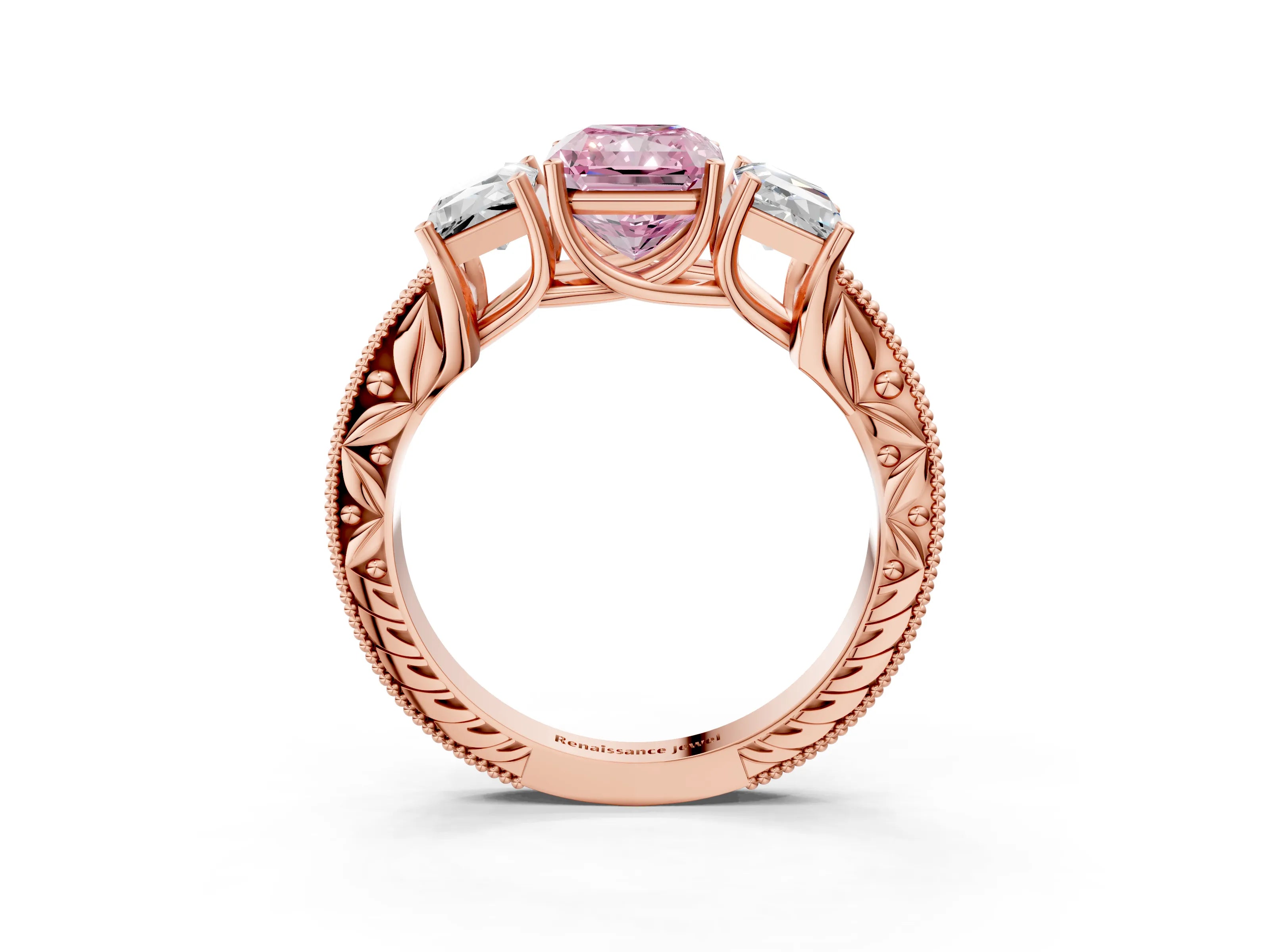 Rose gold Three-Stone Fancy Pink Radiant Cut Cut Milgrain Pavé Engagement Ring_3