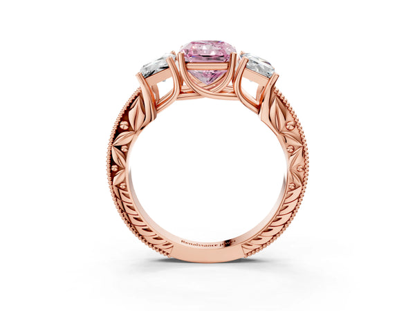 Rose gold Three-Stone Fancy Pink Radiant Cut Cut Milgrain Pavé Engagement Ring
